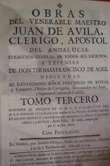OBRAS DEL BEATO JUAN DE AVILA. TOMOS II, III Y VII EDICION DE 1759. TRAEN VARIAS OBRAS COMPLETAS 