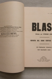 WYNDHAM LEWIS (1882 - 1957) Catálogo; BLAST, Revista del Gran Vórtice Inglés. (semi-facsímil).
